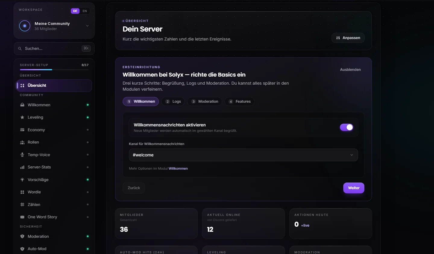 Server overview in the Solyx Discord dashboard: module list, first-time setup and key numbers